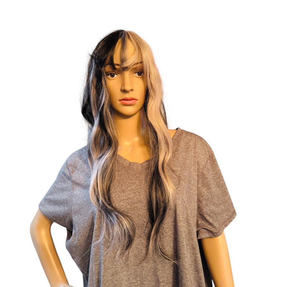 Long Wavy Black & Blonde Two-Tone Synthetic Wig